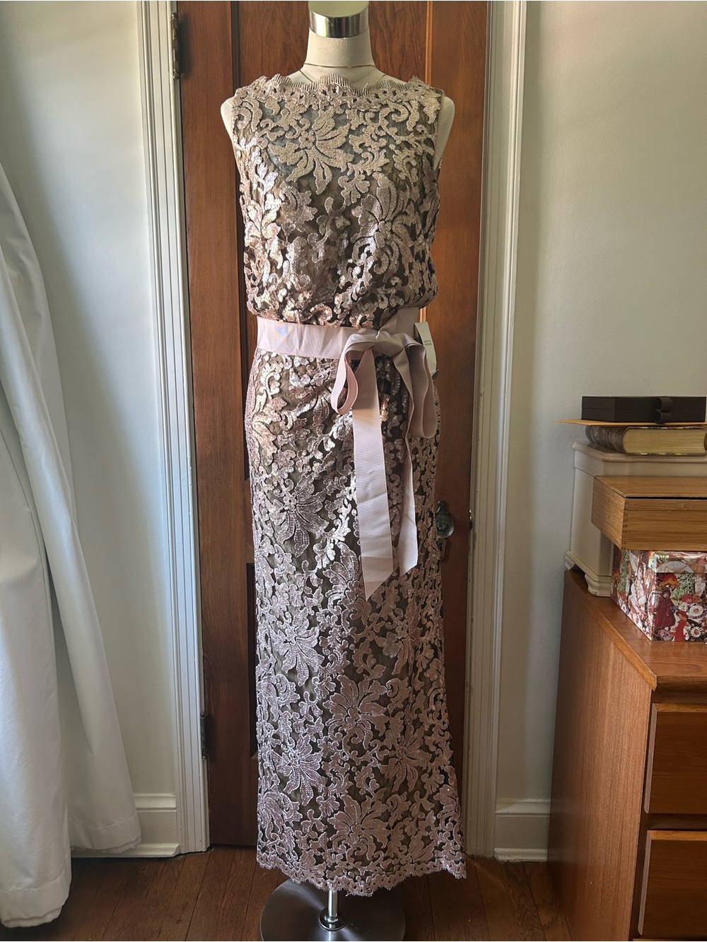 Tadashi Shoji Blush Pink Lace Maxi Dress with Satin Waist Sash
